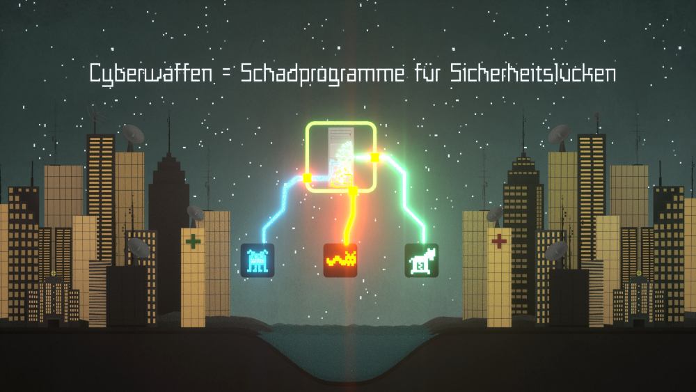 2D Erklärfilm Cyberpeace: Viren und Trojaner dringen in ein Computersaystem ein. Darüber die Schrift: Cyberwaffen = Schadprogramme für Sicherheitslücken