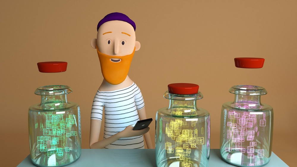 3D-Erklärfilm-Serie zur DSGVO "Deine Daten - Deine Rechte", eine Figur mit Handy in der Hand steht vor einem Tisch, darauf stehen drei Einmachgläser, in denen sich je verschiedenfarbige Daten-Icons befinden. Bei einem Glas ist der Deckel verschlossen, bei den anderen beiden schwebt er über den Gläsern.