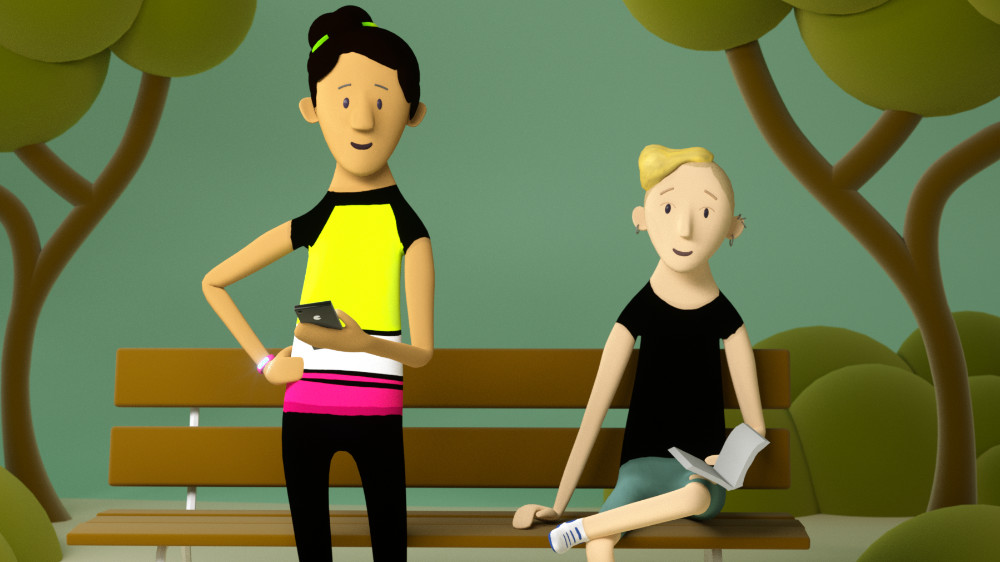 3D-Erklärfilm-Serie zur DSGVO "Deine Daten - Deine Rechte", Standbild: Szene im Park. Eine Figur mit Buch in der Hand sitz auf einer Parkbank. Neben ihr eine Joggerin mit Fitnessarmband und Handy in der Hand. Beide schauen in die Kamera.