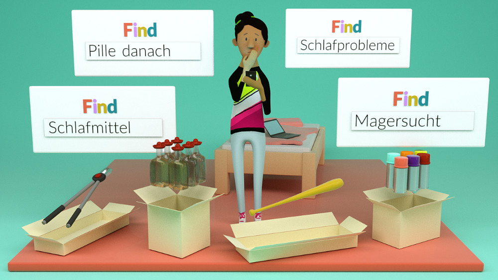 3D-Erklärfilm-Serie zur DSGVO "Deine Daten - Deine Rechte", Standbild: eine Figur ist zu sehen, sie steht in der Mitte ihres Zimmers und hält sich erschrocken die Hand vor den Mund. Vor ihr zu sehen sind Kartons mit ihren letzten Online-Einkäufen: ein Bolzenschneider, Tequilaflaschen, ein Baseballschläger und Spraydosen. Über ihr ihre zuletzt eingegebenen Suchbegriffe  "Schlafprobleme", "Pille danach", "Magersucht".