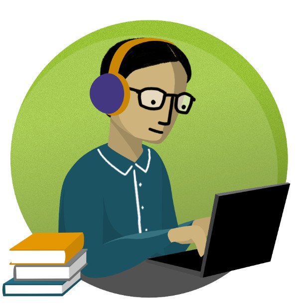 2D Erklärfilm-Reihe "Barrierefreiheit in der Hochschullehre", für das Projekt "Lehre:inklusiv", Portrait eines Studenten mit Noise-Cancelling-Kopfhörern am Laptop, neben ihm ein Stapel Bücher.