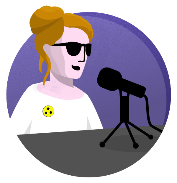 2D Erklärfilm-Reihe "Barrierefreiheit in der Hochschullehre", für das Projekt "Lehre:inklusiv", Portrait einer Studentin mit Sonnenbrille, die in ein Mikrofon spricht.