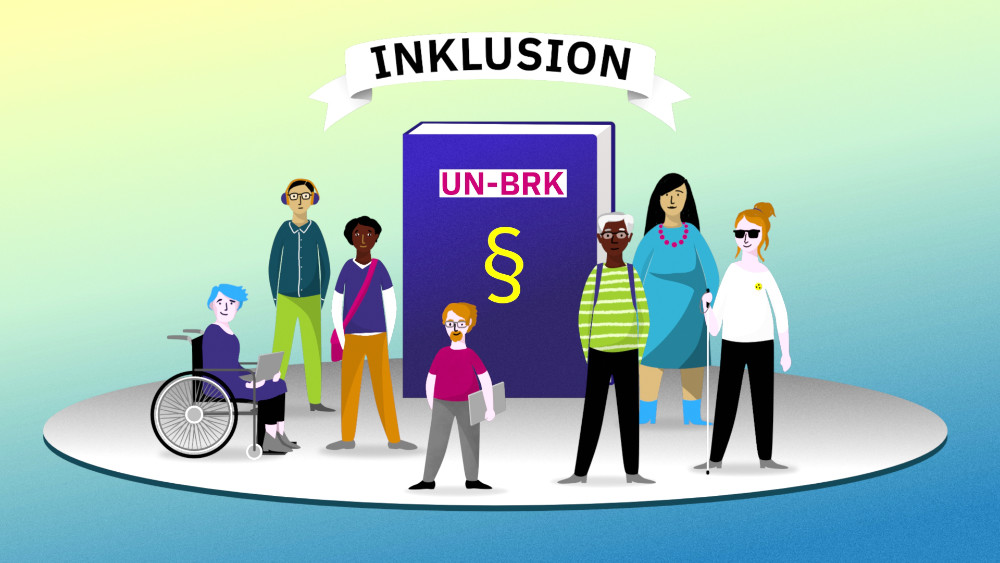 2D Erklärfilm "UN-BRK", für das Projekt "Lehre:inklusiv", Titelbild. Eine Gruppe Studierender, in ihrer Mitte ien großes Gesetzbuch mit der Aufschrift "UN-BRK". Darüber ein Wimpel, auf dem steht "Inklusion".