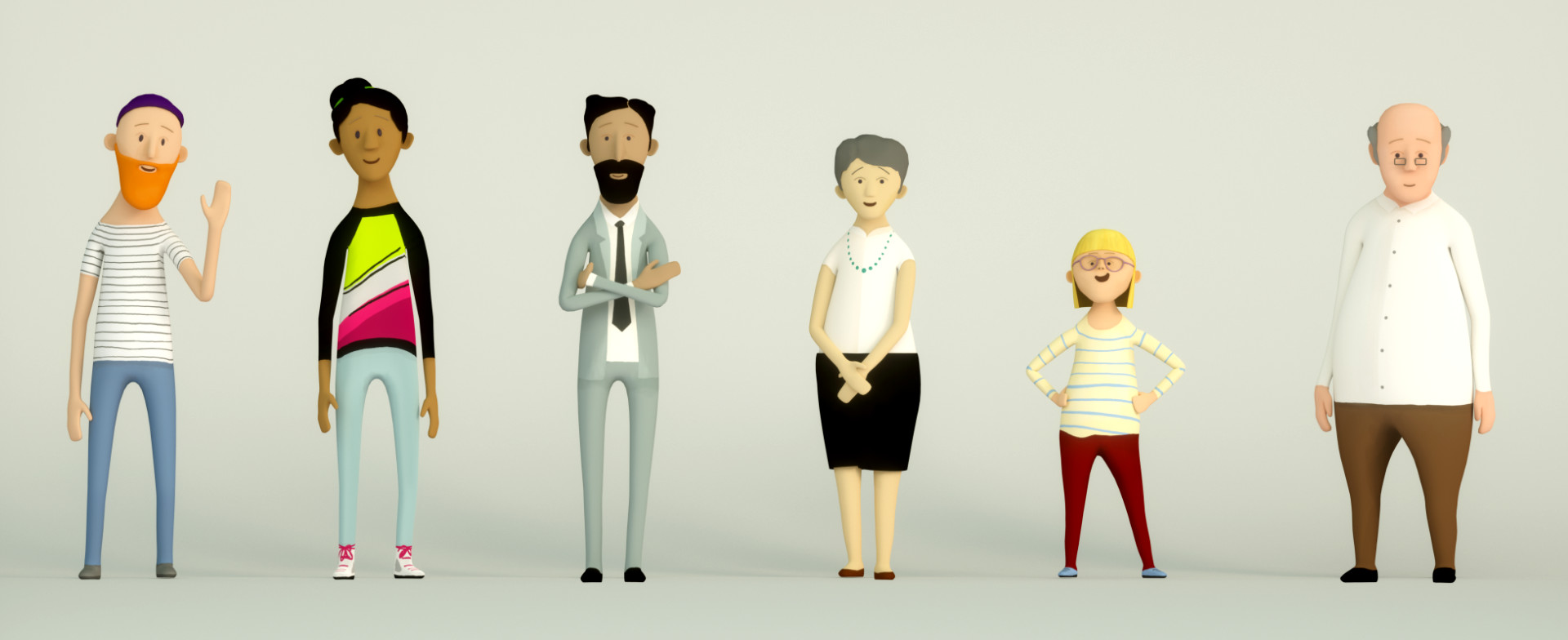 3D-Erklärfilm-Serie zur DSGVO  "Deine Daten - Deine Rechte": Zu sehen sind nebeneinander die 6 Hauptcharaktere der Serie.
